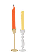 Burning Red And Yellow Candles In Candlesticks