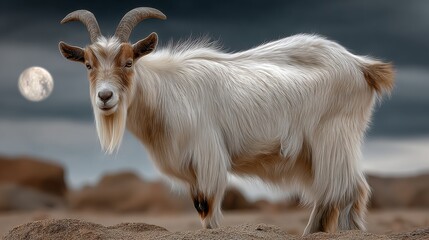 Goat stands in the desert with a full moon in the background. The goat is looking up at the moon, and the scene has a peaceful and serene mood