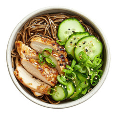 Delicious Chicken Soba Noodle Bowl with Fresh Cucumbers and Scallions in a Cozy Setting on transparent background
