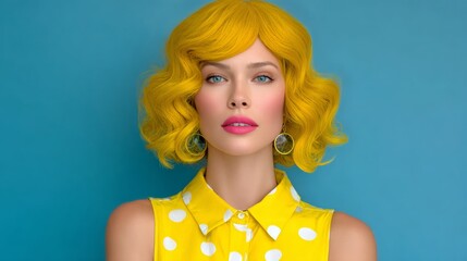 Woman with yellow hair and a yellow polka dot shirt. She is wearing yellow earrings and a pink lip gloss