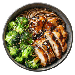 Grilled Chicken and Broccoli with Soba Noodles in a Delicious Asian-Inspired Bowl on transparent background