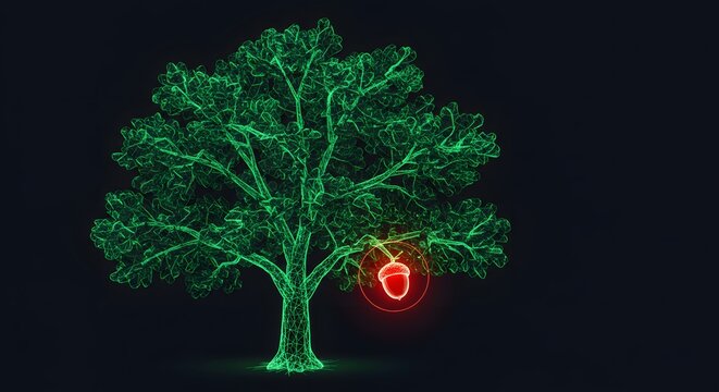 Glowing Green Tree with Red Acorn Digital Art: Nature, Growth, and Potential