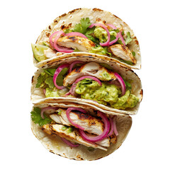 Delicious Grilled Chicken Tacos with Cilantro, Guacamole, and Pickled Onions on Soft Tortillas on transparent background