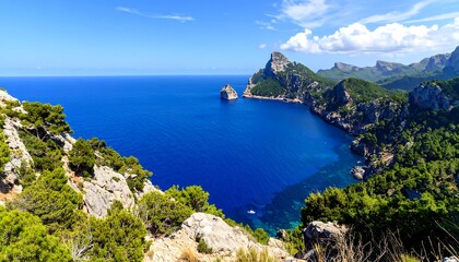 Scenic view of blue sea meeting rugged, green-covered cliffs under a bright sky
