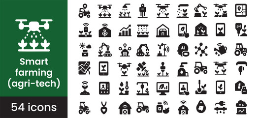 Smart farming and agriculture technology icon set with agri-tech symbols for AI, IoT, drone, and automation innovation in modern crop management.

