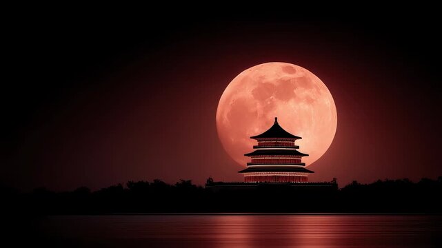 Ancient architecture in the night of the blood moon is quiet and beautiful