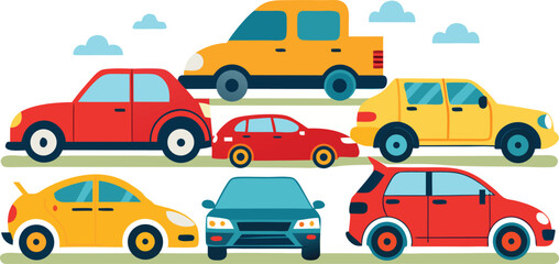 Naklejka premium Diverse collection of colorful cartoon cars and vehicles vector illustration scalable graphics