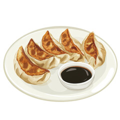 Delicious Plate of Pan-Fried Dumplings with Soy Sauce Dip, Perfect for Sharing and Enjoying Asian Cuisine on transparent background