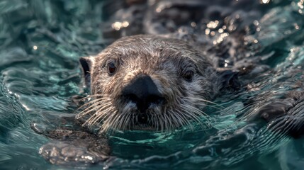 Closeup Swimming Sea Otter in Crystal Clear Waters Enhydra Lutris Ar V, Ideal for Wildlife and Ocean Themed Projects, Inspires Calmness and Connection with Nature.