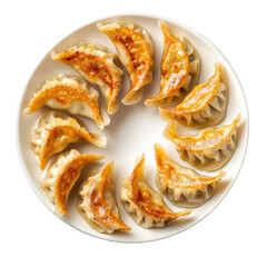 Deliciously Crispy Pan-Fried Dumplings Served on a White Plate in a Circular Arrangement on transparent background
