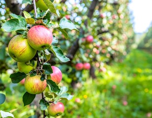 Apples hanging on branches in an orchard