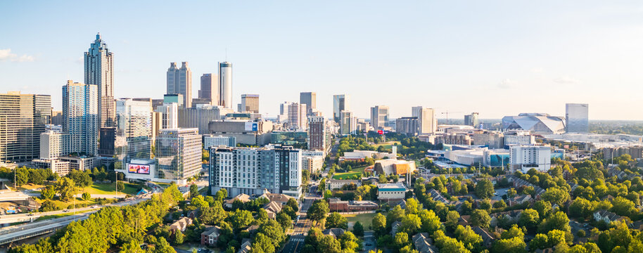 Atlanta, GA - September 12, 2025: Panorama of Atlanta, GA skyline in the evening sun.