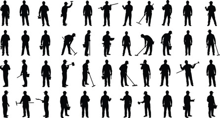 Silhouette workers performing construction, repair, and maintenance tasks with tools, equipment, and cleaning items, professional vector illustration design, isolated black silhouettes