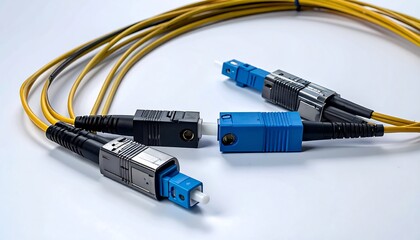 Close-up of Fiber Optic Cables and Connectors: Blue and Yellow SC/APC Connectors