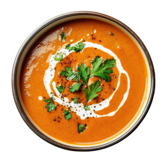 Creamy Tomato Soup with Fresh Herbs and Swirls of Cream in a Rustic Bowl on transparent background
