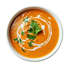 Creamy Tomato Soup Garnished with Fresh Herbs in a White Bowl on transparent background
