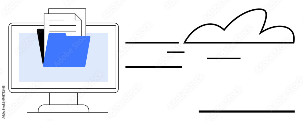 Poster computer screen with blue folder and documents transferring digitally to minimalistic cloud design. 
