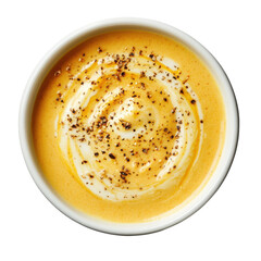 Creamy Pumpkin Soup with Swirls of Yogurt and Spices in a White Bowl on transparent background