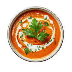Creamy Tomato Soup with Fresh Herbs and Swirls of Cream in a Rustic Bowl on transparent background