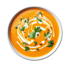 Creamy Tomato Soup Garnished with Fresh Parsley and Swirls of Cream in a White Bowl on transparent background