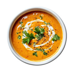 Creamy Tomato Soup with Fresh Herbs and Spices in a White Bowl on transparent background