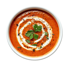 Creamy Tomato Soup with Herbs and Swirl of Cream in a White Bowl on transparent background