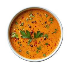 Creamy Spiced Curry Soup with Fresh Herbs in a White Bowl on a Plain Background on transparent background