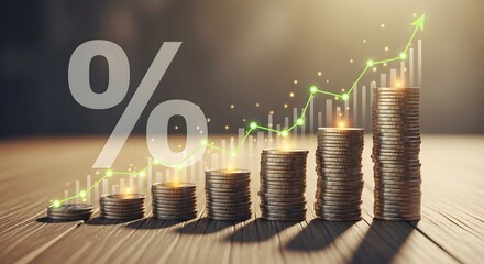 Business investment and savings growth visualized with stacked coins, an ascending graph, and a percentage symbol for high returns on investment.