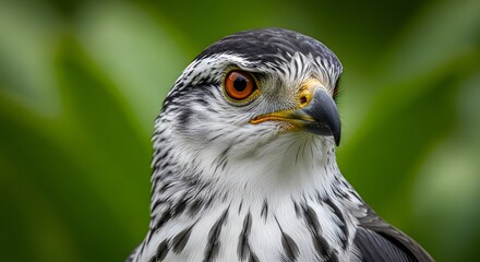 The intense and piercing gaze of a raptor, a stunning close-up portrait of a bird of prey with striking orange eyes and sharp beak.