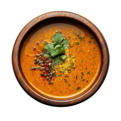 Rich and Flavorful Curry Soup with Fresh Herbs and Spices in a Wooden Bowl on transparent background