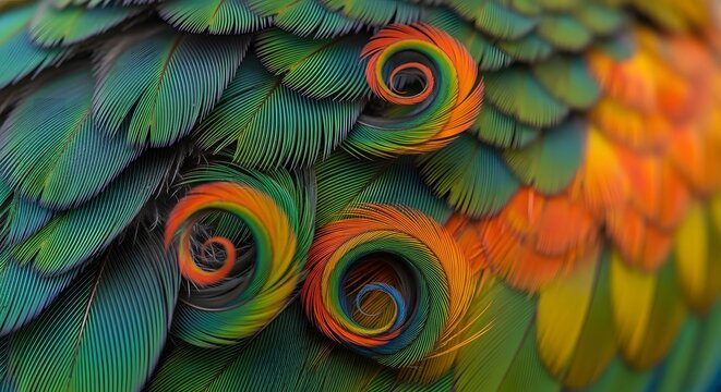 Intricate swirling patterns of vibrant, multicolored feathers creating a hypnotic and beautiful abstract background.