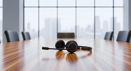 Empty corporate meeting room with a communication headset on the table, symbolizing business teleconferencing and customer support.