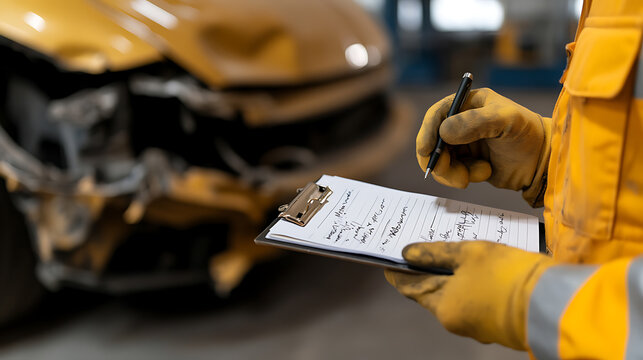 Evaluating car damage with a checklist at an auto repair shop. An auto mechanic is examining damage and taking notes on the vehicle’s condition. - Powered by Adobe