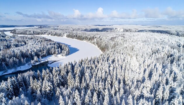 Snowy winter landscape, frozen lake, and forested hills. High-angle view of a winding river, covered in a blanket of snow, surrounded by dense pine forest - Powered by Adobe