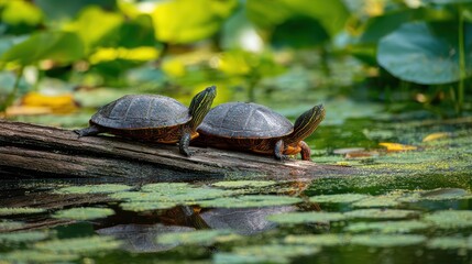 Fototapeta premium Two Tranquil Turtles Basking on a Log Amidst a Serene Pond Backdrop Perfect for RelaxationFocused Projects, Social Media Campaigns and Website Banners.