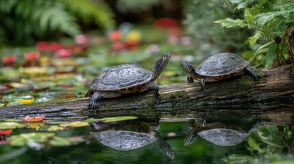 Obraz premium Two Peaceful Turtles Resting on a Log amidst a Tranquil Pond, Perfect for NatureThemed Projects or RelaxationFocused Campaigns.