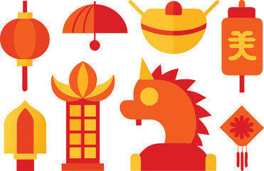 Vector collection of chinese festival icons featuring lanterns and dragon elements for celebration
