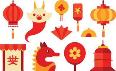 Chinese festival icons collection vector illustration lanterns dragons ornate decorations scalable eps