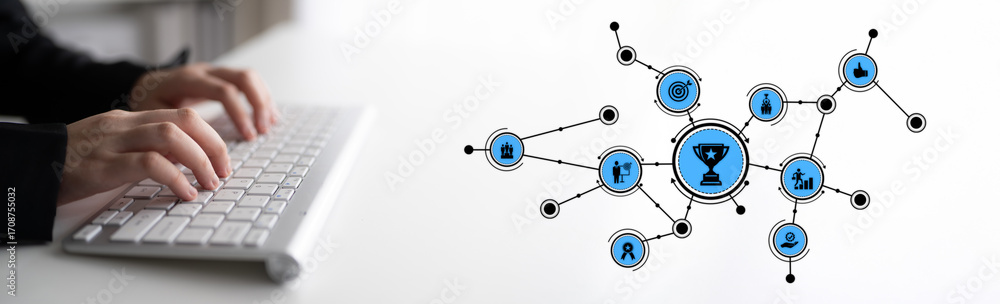 Poster a modern workspace image featuring hands typing on a keyboard with network icons and a trophy symbol