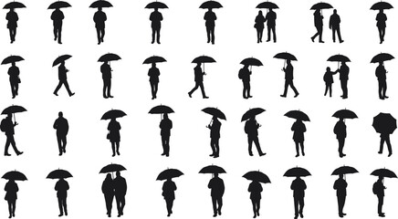 Collection of Silhouetted Figures Holding Umbrellas, Walking and Standing in Various Poses, Black and White Illustration for Weather or Urban Designs