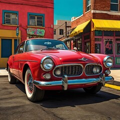 Classic red vintage car parked on a sunny street with colorful buildings in the background