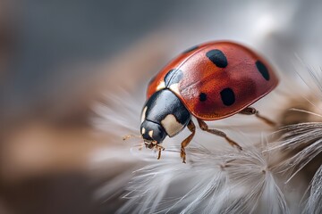 Obraz premium Vibrant ladybug perched on delicate dandelion fluff, showcasing nature's beauty in macro detail