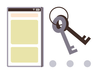 Mobile device with app interface next to traditional keys emphasizes security, access, protection. Ideal for cybersecurity, privacy, key storage, digital locks, app protection, authentication simple