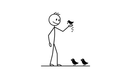 Stick figure person feeding a small bird from their hand, with two other birds on the ground, a simple black and white drawing.