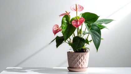 A potted Anthurium with vibrant pink spathes and dark green leaves, illuminated by a diagonal beam of light