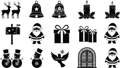 Christmas, icons, reindeer, bell, candle, mailbox, Santa, gift, snowman, dove, window, holiday, festive, winter, vector, black, white, design, art, illustration