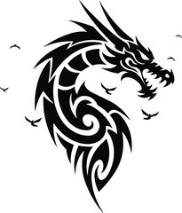 dragon, tribal, coiled, wings, mythical, creature, fantasy, silhouette, vector, black, white, fierce, beast, legend, tattoo, design, art, bird, symbol, illustration