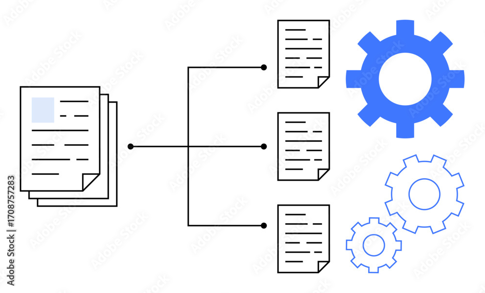 Fototapete document stack connecting to smaller documents through a workflow system with blue gears. ideal for 