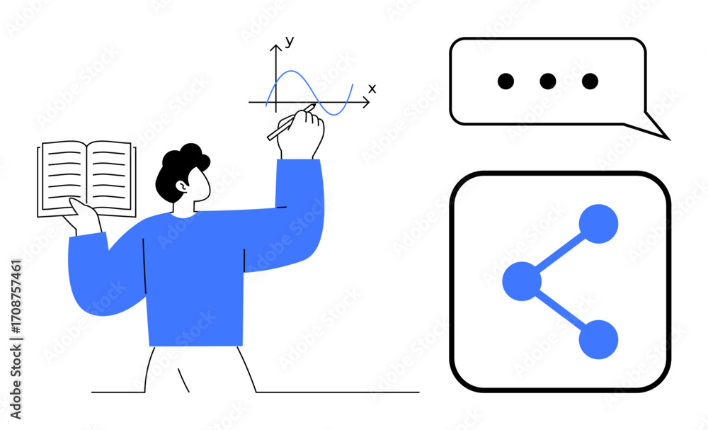 Poster person drawing graph with axes while holding book, alongside floating chat bubble and sharing icon. 