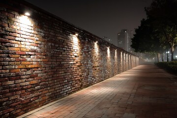 Nighttime brick wall with pathway illuminated by warm lights creating a serene ambiance